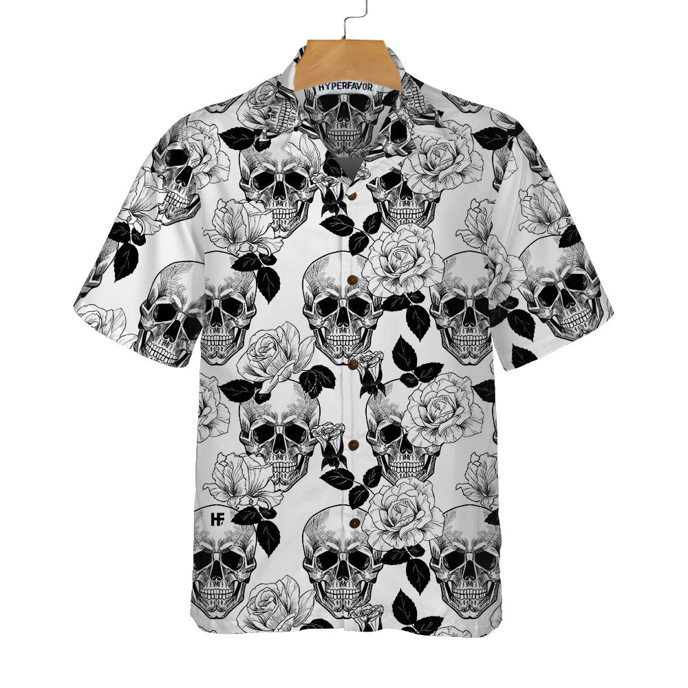 Black And White Skull Roses Hawaiian Shirt, Seamless Pattern Skull Shirt