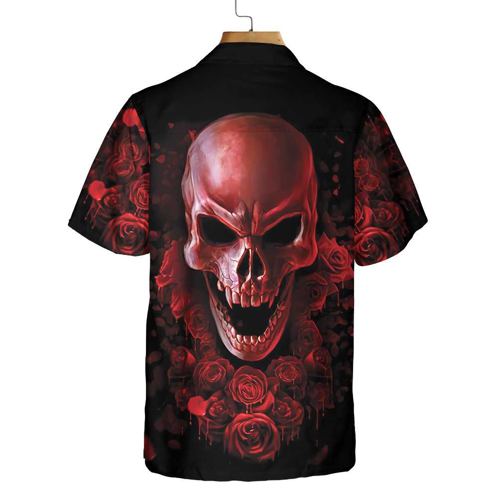 Blood Rose Skull Custom Hawaiian Shirt, Red Rose Gothic Skull Shirt For Halloween