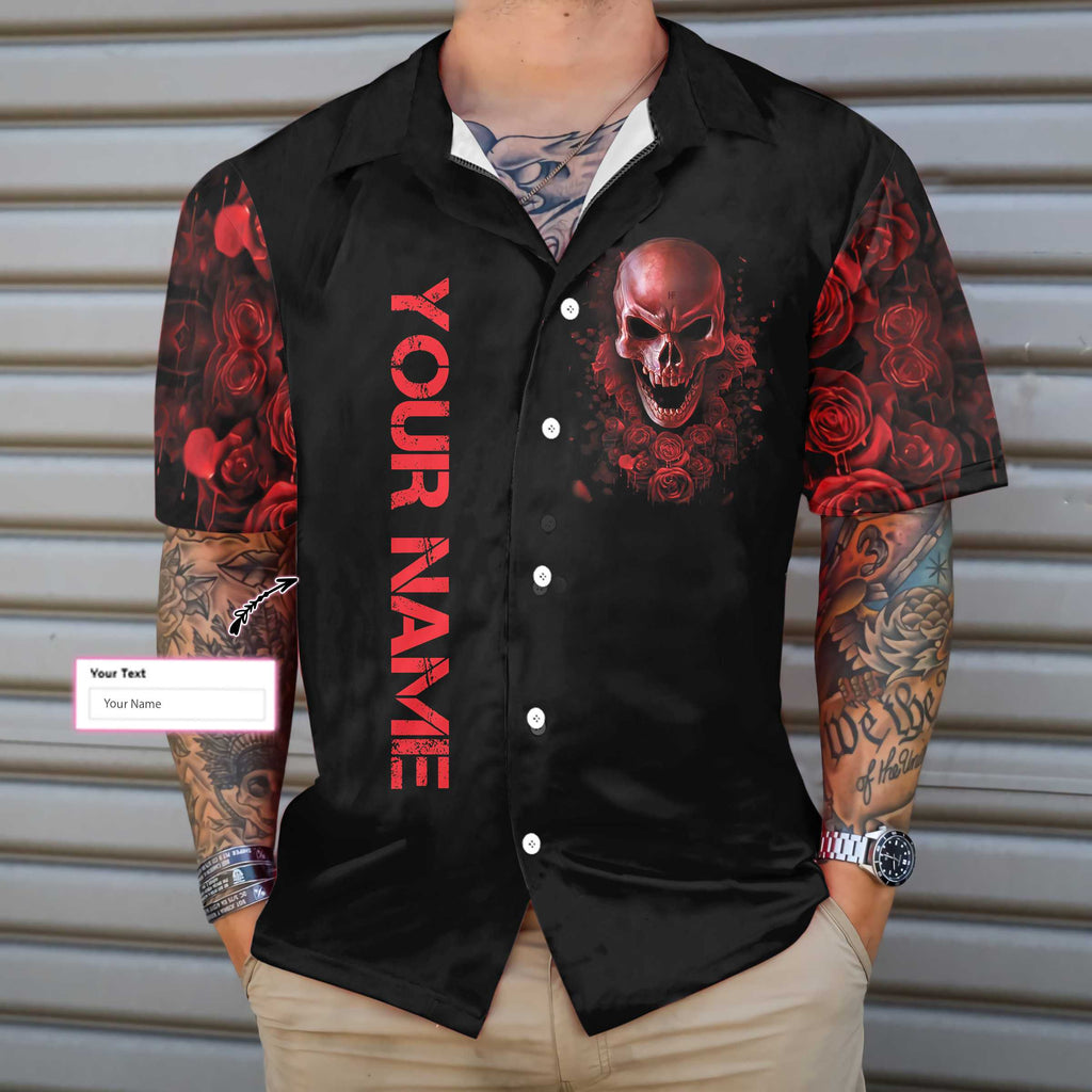 Blood Rose Skull Custom Hawaiian Shirt, Red Rose Gothic Skull Shirt For Halloween