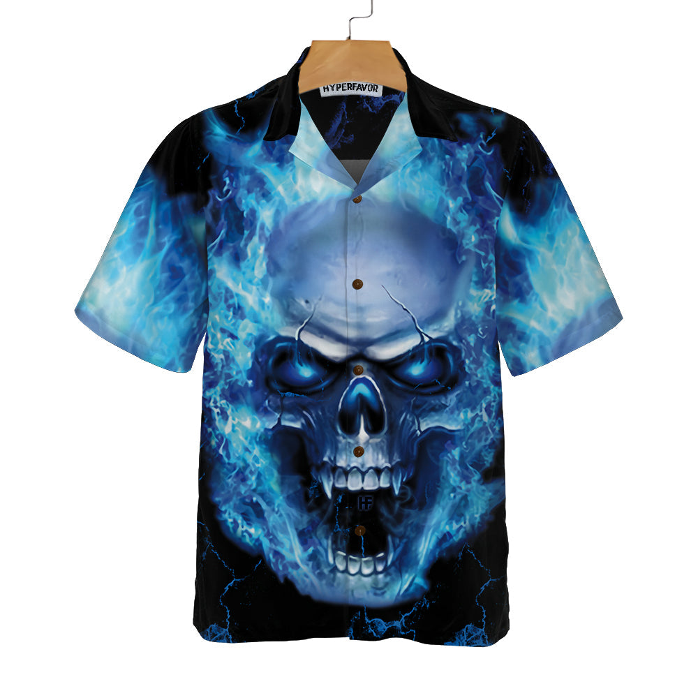 Blue Neon Skull Flame Hawaiian Shirt, 3D Blue Fire Skull Shirt