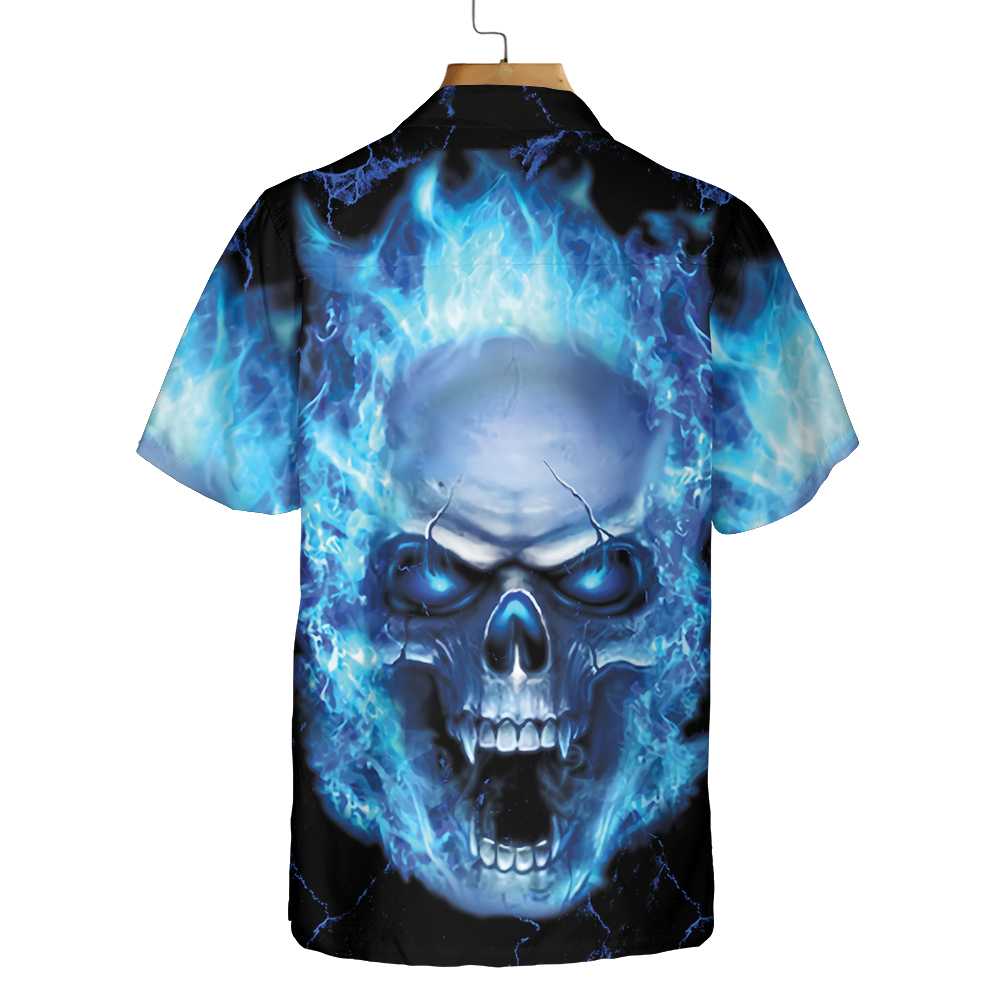 Blue Neon Skull Flame Hawaiian Shirt, 3D Blue Fire Skull Shirt