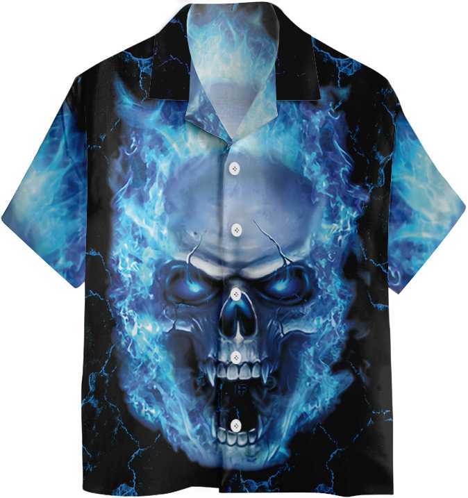 Blue Neon Skull Flame Hawaiian Shirt, 3D Blue Fire Skull Shirt