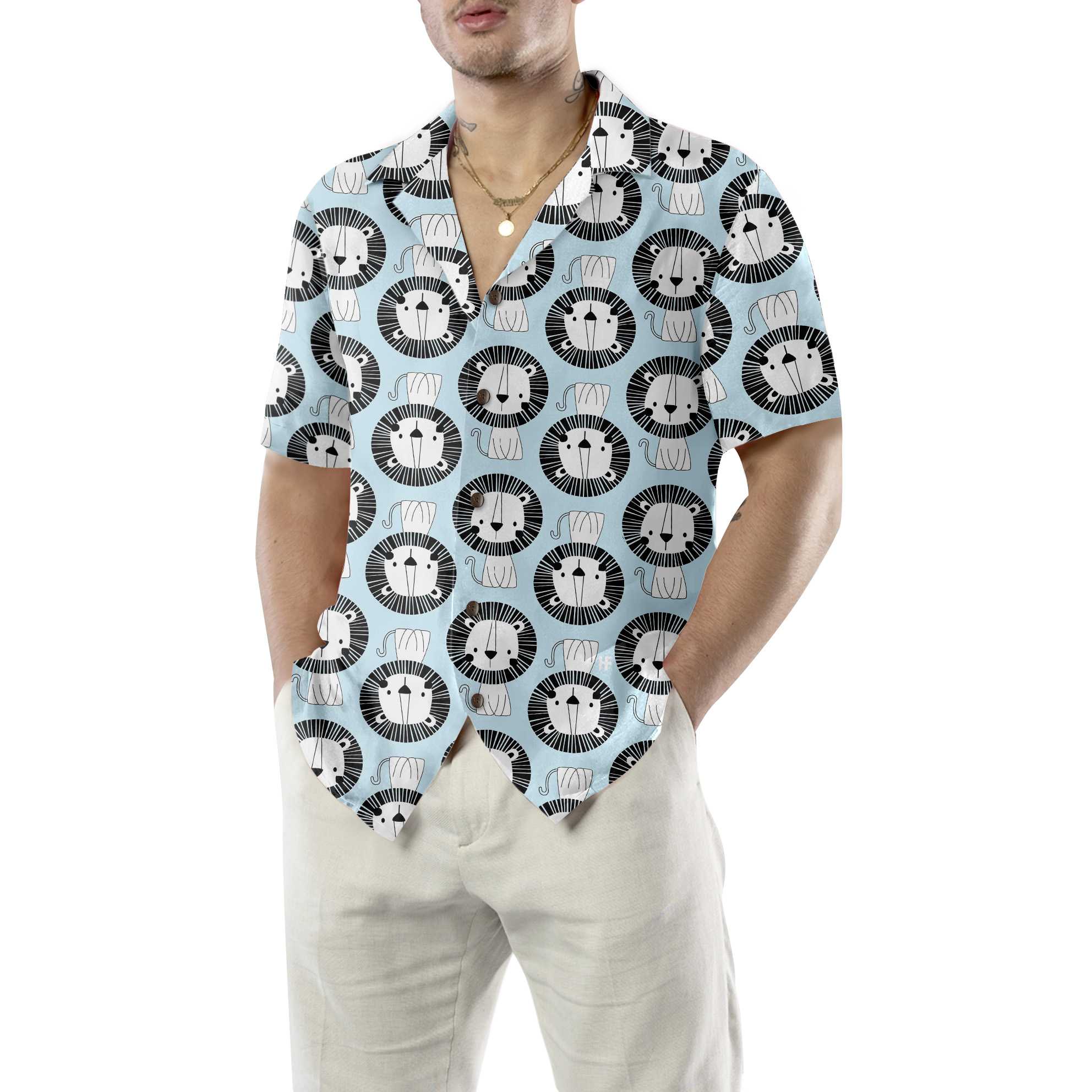Cute Lion On Blue Hawaiian Shirt, Button Up Lion Shirt For Men & Women, Lion Hawaiian Shirt Lion Gift Idea
