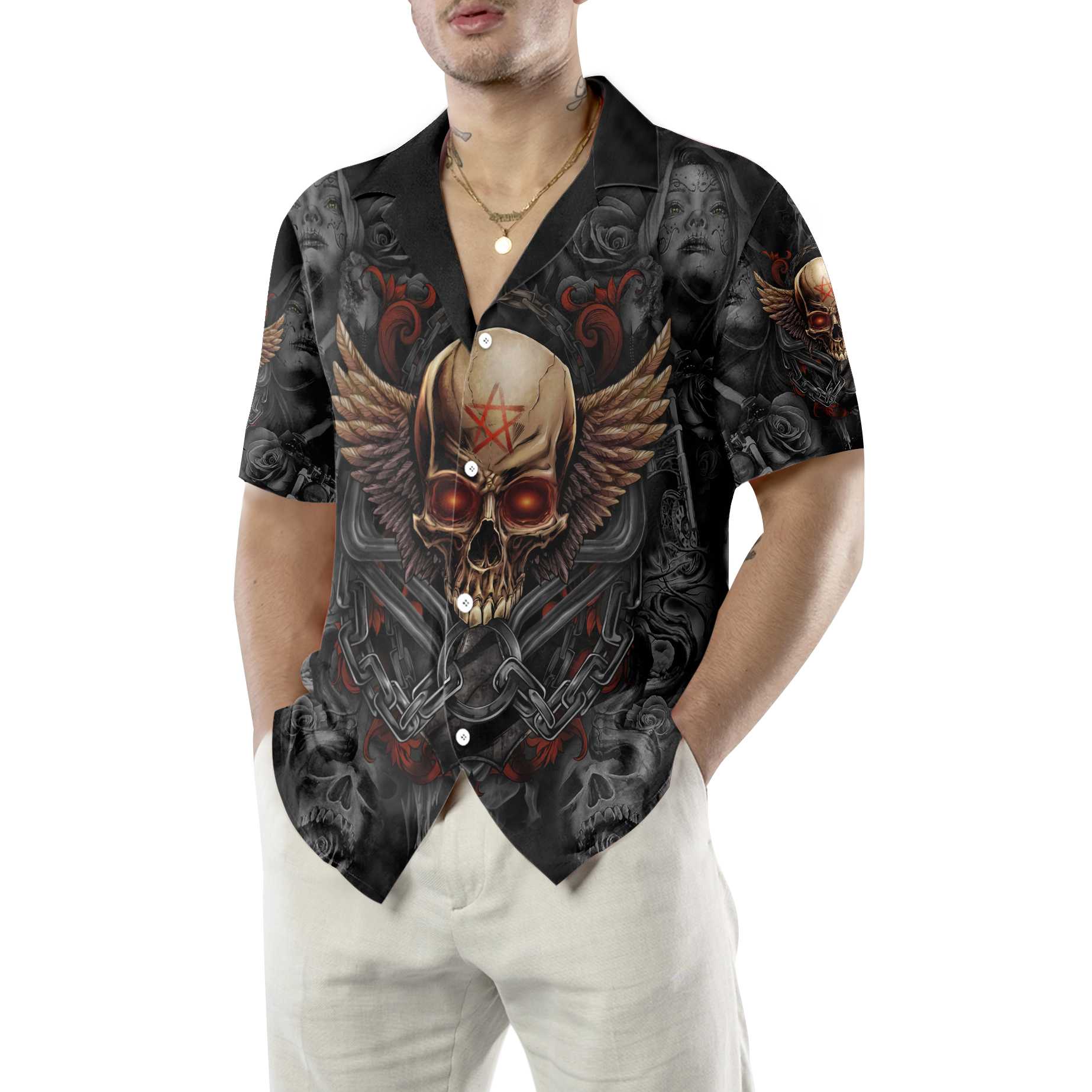 Gothic Skull Biker Hawaiian Shirt, Pentagrama Skull Goth Shirt For Men And Women