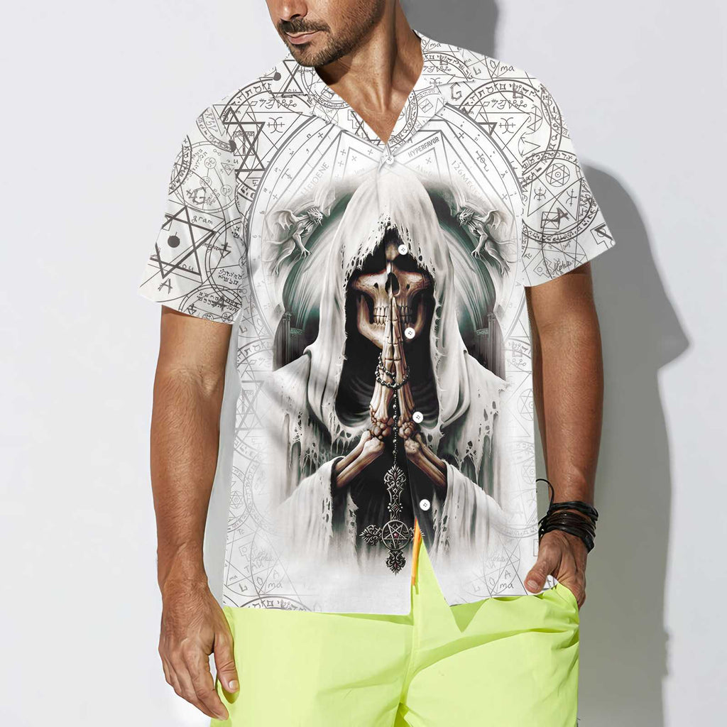 Pray Skull Hawaiian Shirt, Unique Satanic Pattern Skull Shirt For Men And Women