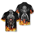 Racing Indian Skull Fire Hawaiian Shirt, Flame Skull Biker Shirt, Unique Native American Shirt