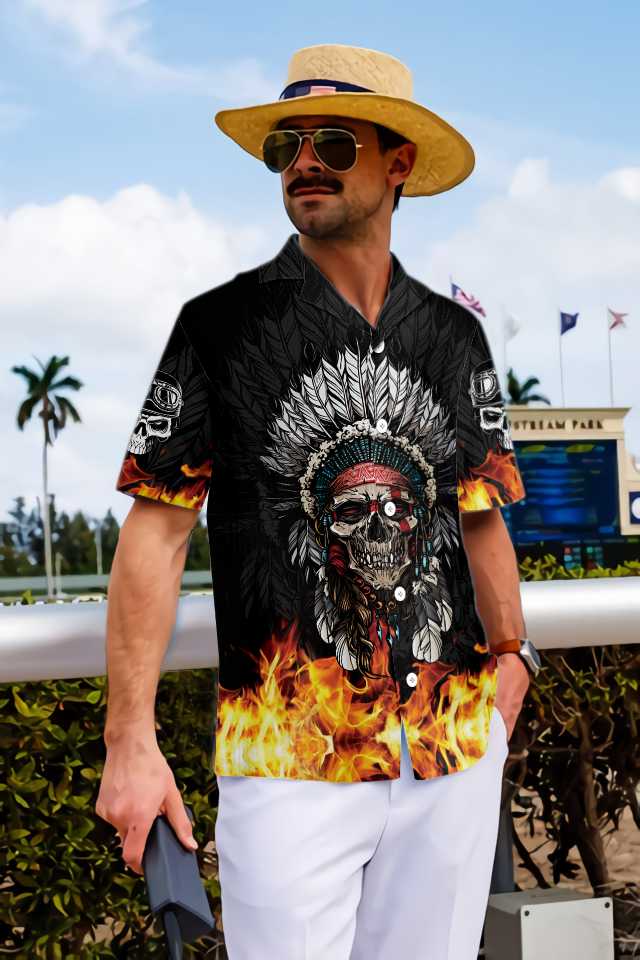 Racing Indian Skull Fire Hawaiian Shirt, Flame Skull Biker Shirt, Unique Native American Shirt
