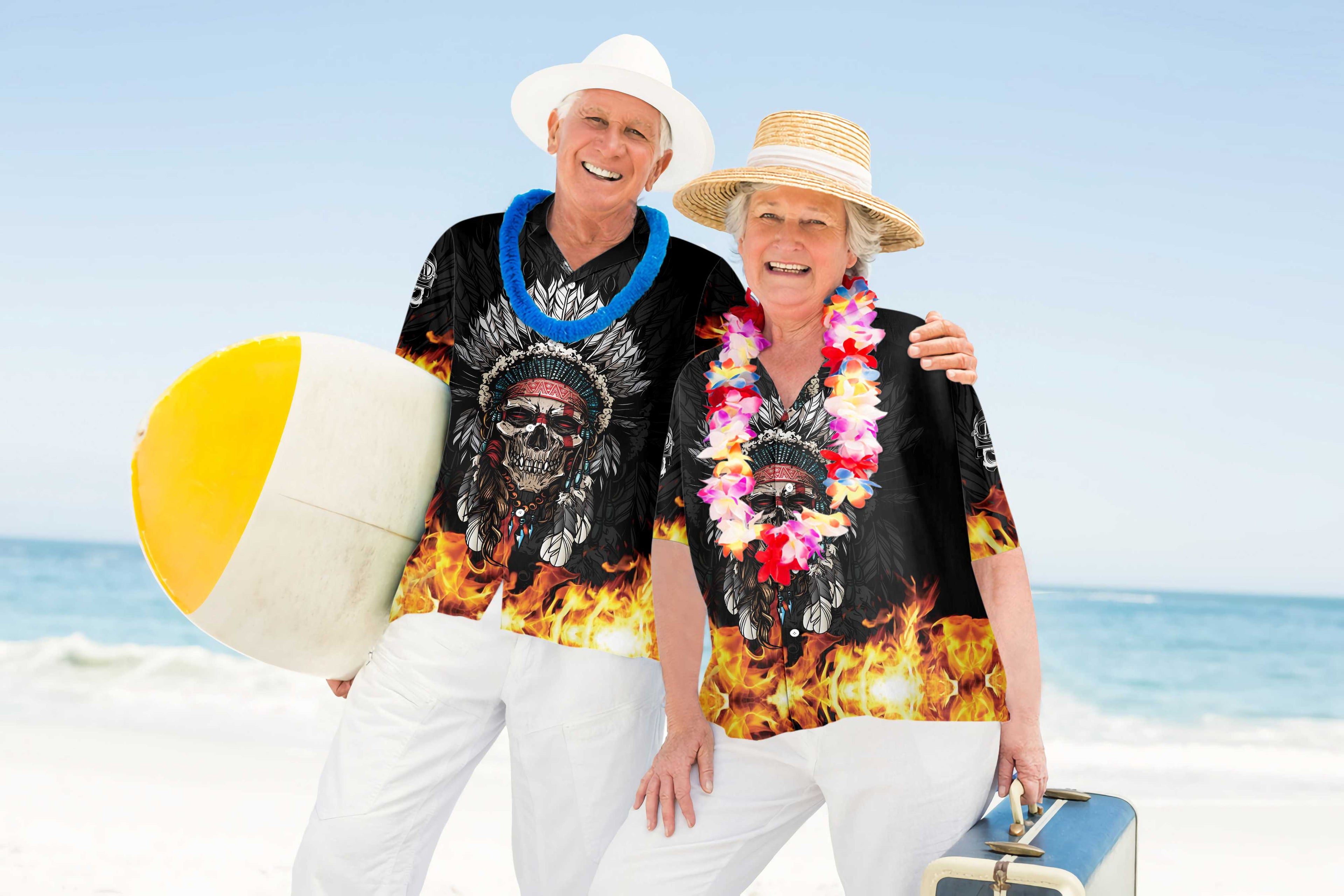 Racing Indian Skull Fire Hawaiian Shirt, Flame Skull Biker Shirt, Unique Native American Shirt