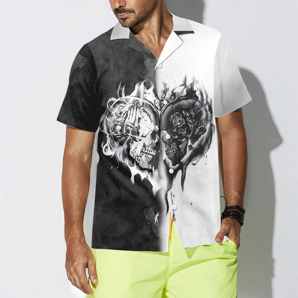 Skull Heart Flame Hawaiian Shirt, Black And White Skull Shirt For Men and Women