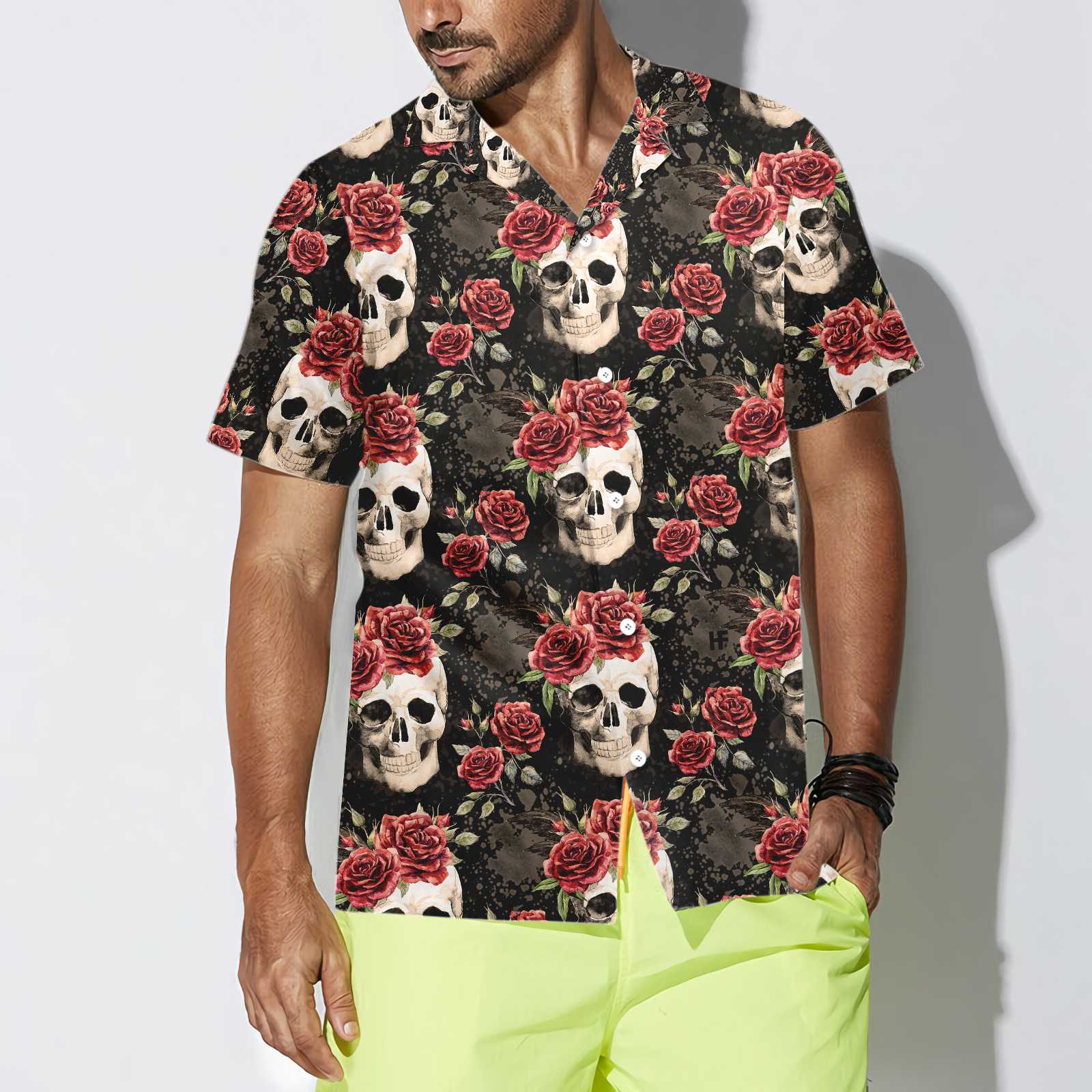 Skull Rose Vintage Hawaiian Shirt, Red Roses Gothic Skull Shirt