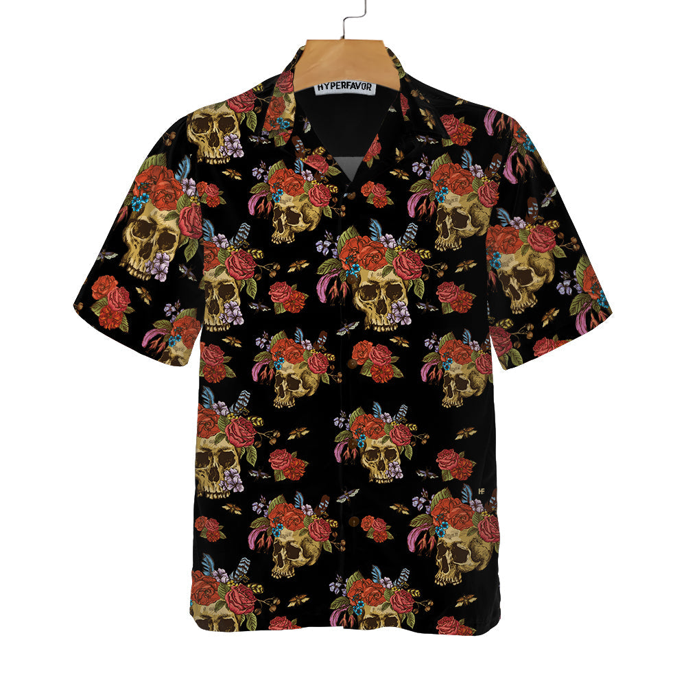 Skulls & Flowers Day Of The Dead Hawaiian Shirt, Vintage Skull And Red Roses Shirt, Day Of The Dead Gift