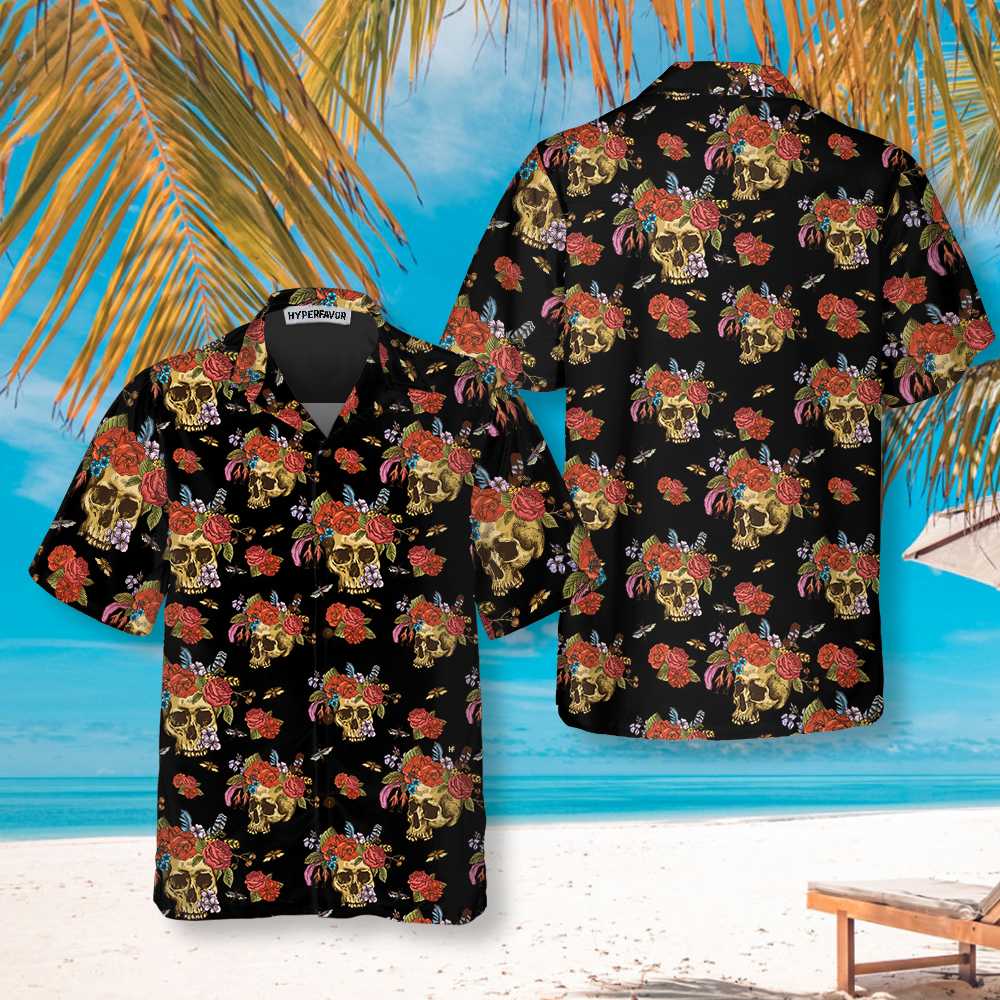 Skulls & Flowers Day Of The Dead Hawaiian Shirt, Vintage Skull And Red Roses Shirt, Day Of The Dead Gift