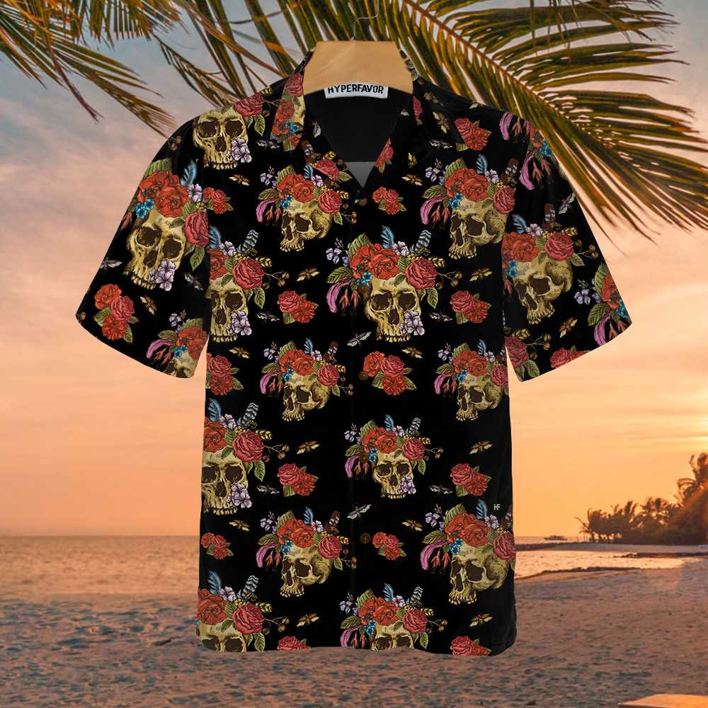Skulls & Flowers Day Of The Dead Hawaiian Shirt, Vintage Skull And Red Roses Shirt, Day Of The Dead Gift