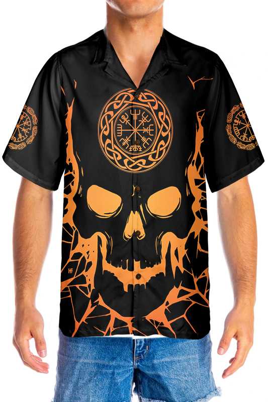 Viking Skull With Backbone Axe Hawaiian Shirt, Cool Orange Pattern Black Skull Shirt