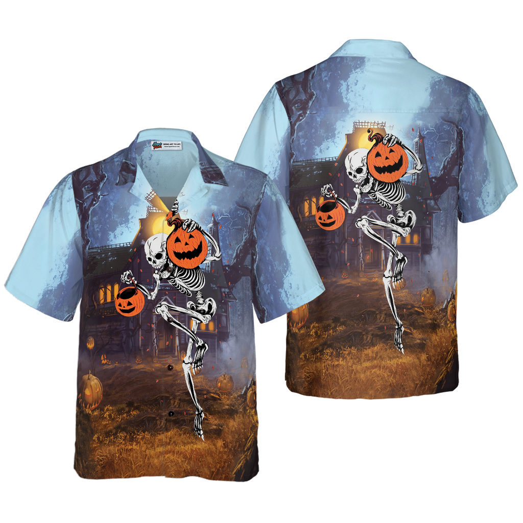 Skeleton Knows How To Dance Halloween Hawaiian Shirt, Spooky Pumpkin Shirt