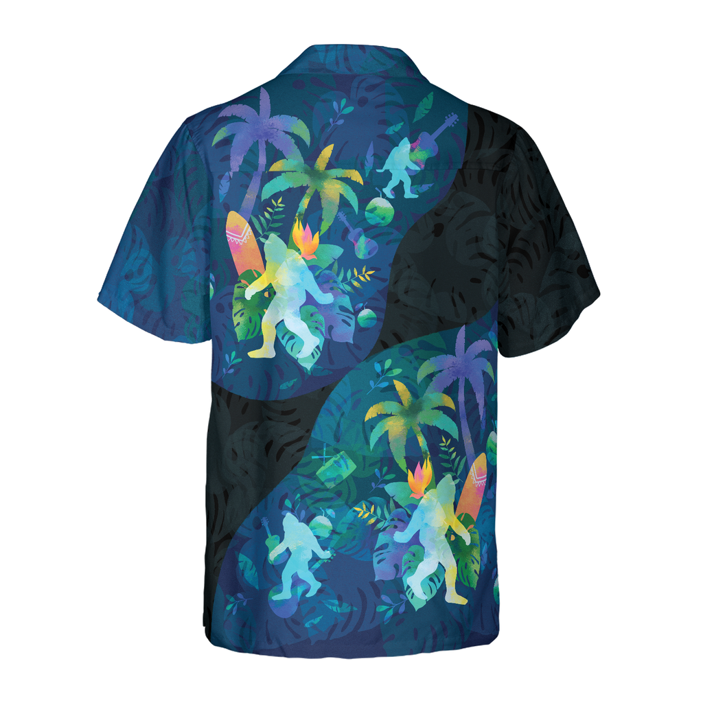 Artistic Summer Bigfoot Hawaiian Shirts for Men, Black and Blue Sasquatch Shirts