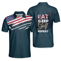 Eat Sleep Golf Repeat American Flag Short Sleeve Polo Shirt, Dark Navy Golf Shirt For Men