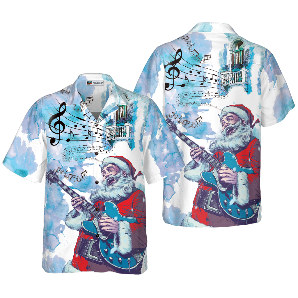 Hyperfavor Christmas Hawaiian Shirts, Chritmas Santa Guitar Music Pattern Shirt Short Sleeve, Christmas Shirt Idea Gift For Men And Women