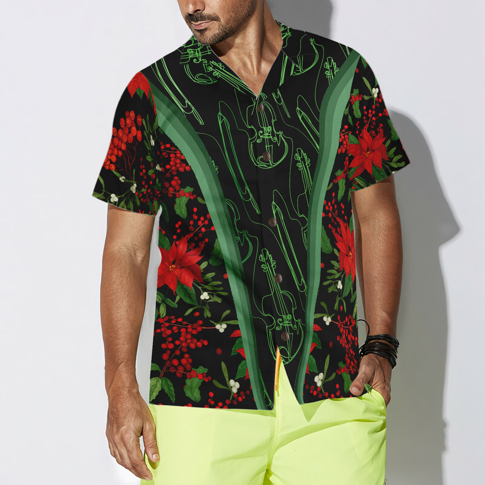 Hyperfavor Christmas Hawaiian Shirts, Chritmas Violin Music Pattern Shirt Short Sleeve, Christmas Shirt Idea Gift For Men And Women