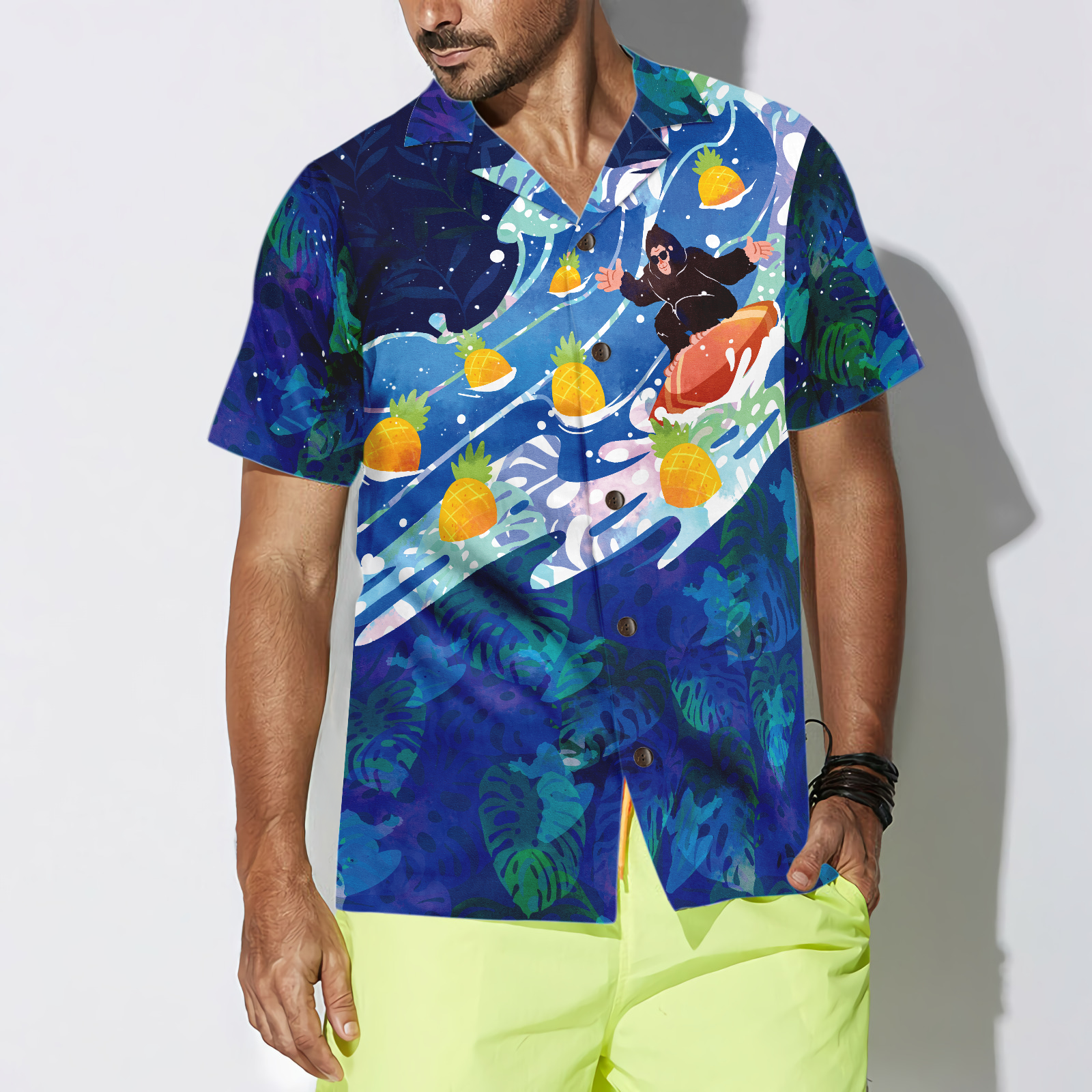 Bigfoot Surfing Tropical Hawaiian Shirts for Men