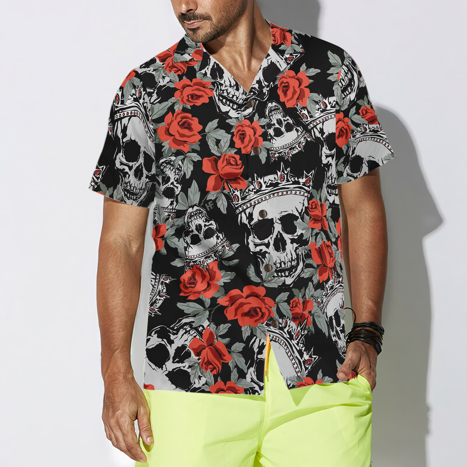 Skull With Crown And Red Rose Hawaiian Shirt