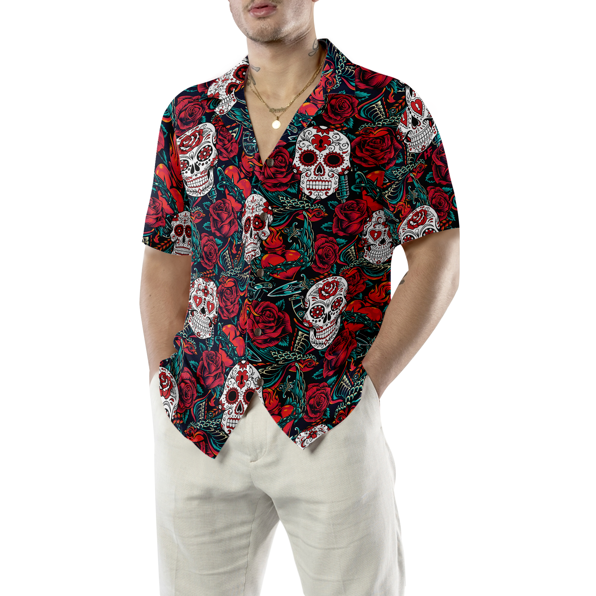 Sugar Skulls And Roses Hawaiian Shirt