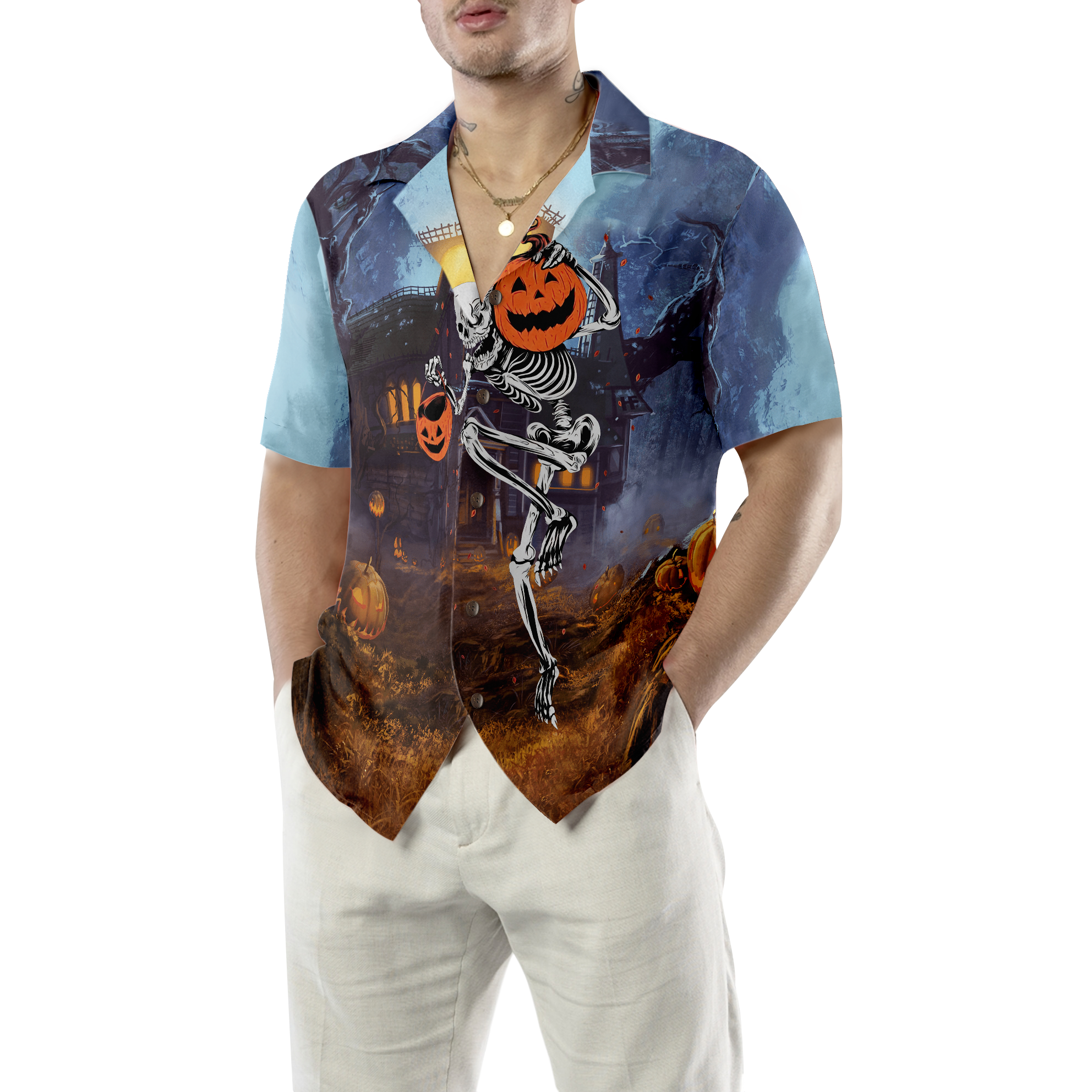 Skeleton Knows How To Dance Halloween Hawaiian Shirt, Spooky Pumpkin Shirt