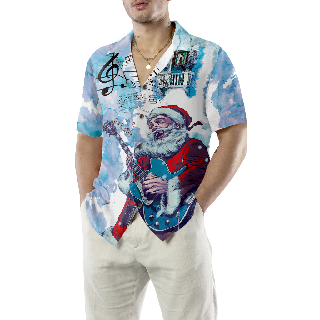 Hyperfavor Christmas Hawaiian Shirts, Chritmas Santa Guitar Music Pattern Shirt Short Sleeve, Christmas Shirt Idea Gift For Men And Women