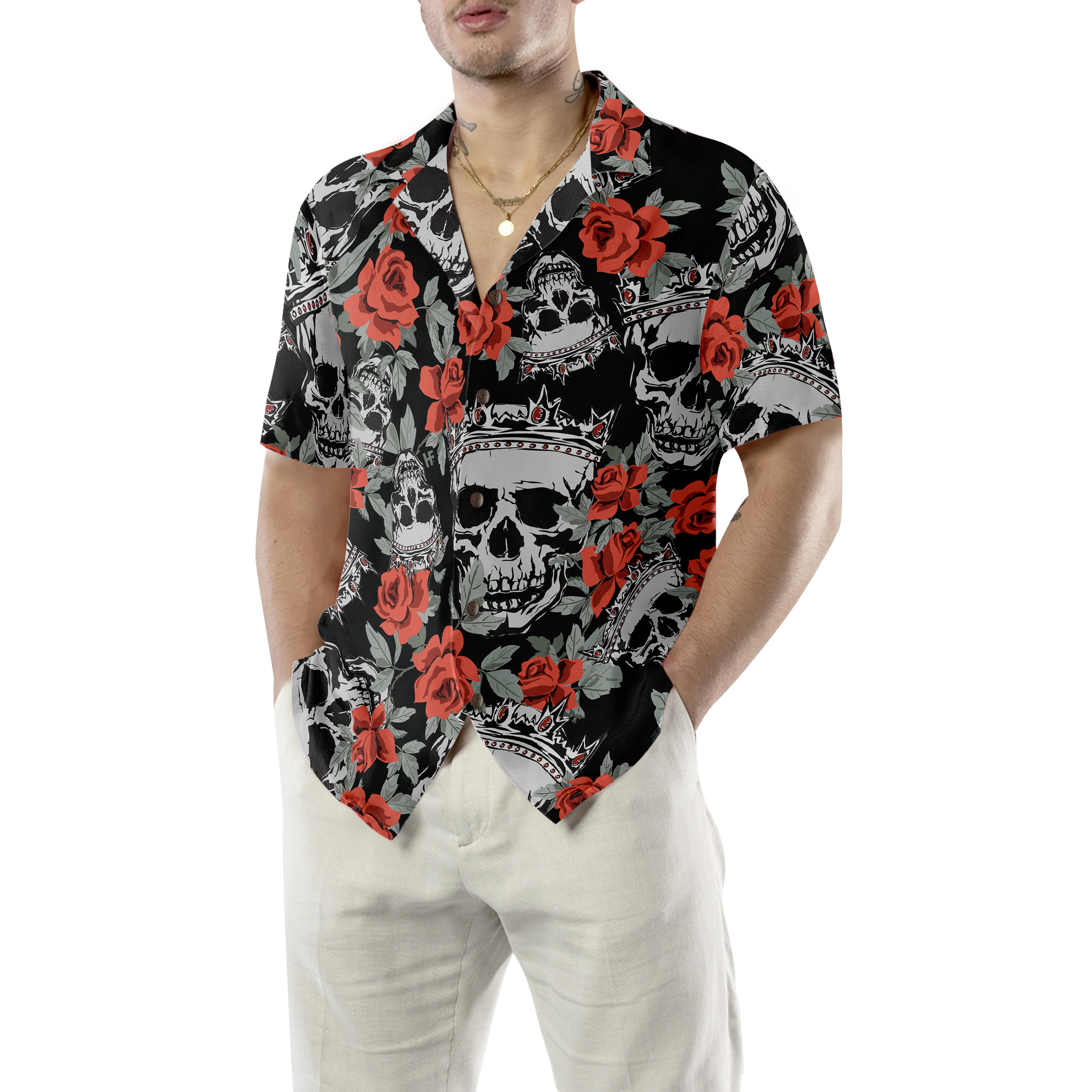 Skull With Crown And Red Rose Hawaiian Shirt