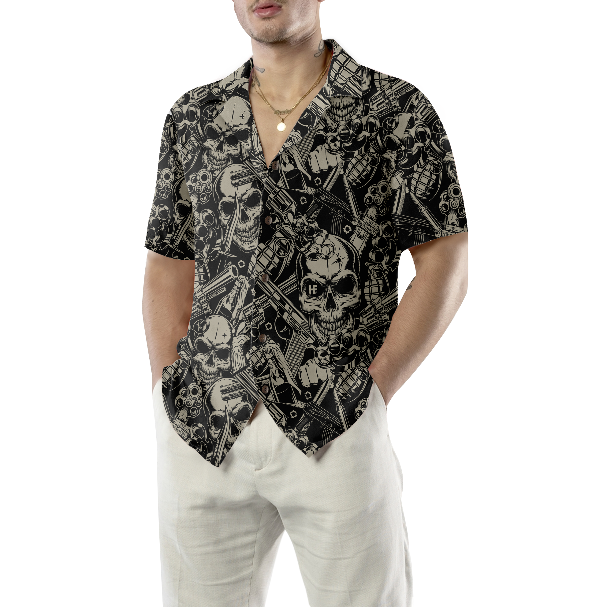 Guns And Skulls Pattern Hawaiian Shirt