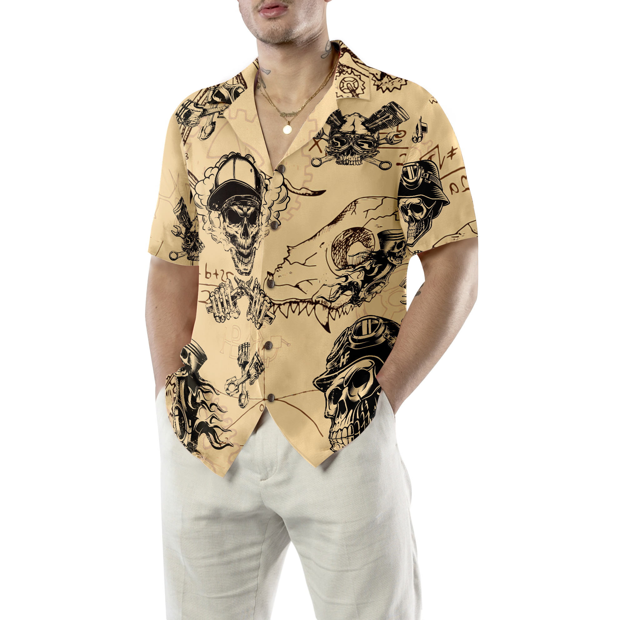 Skull On Retro Mechanism Background Hawaiian Shirt